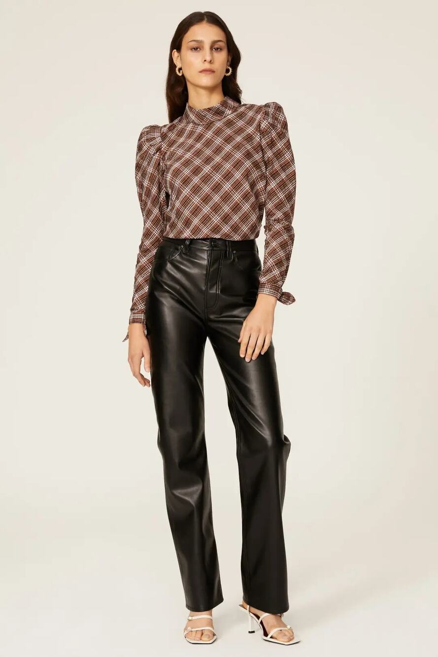 Veronica Beard Shirt Sz 4 Brown Isabel Plaid Mock Puff Sleeve Curved Button-Back